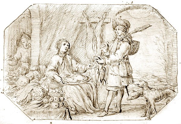 O Four Seasons: Winter - The Return from Hunting, c.1675 (caneta e tinta sépia sobre papel) de Netherlandish School