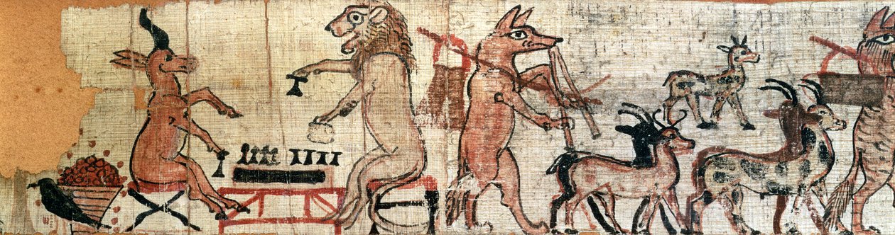 O papiro satírico, detalhe do lado esquerdo mostrando um leão e um antílope jogando o jogo senet, de Tebas, c.1100 aC (veja também 85722) de New Kingdom Egyptian