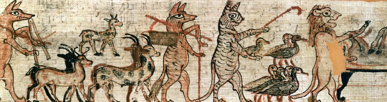 O Papiro Satírico, detalhe do lado direito de um gato pastoreando gansos e um leão mumificando um burro, de Tebas, c.1100 aC (ver também 85721) de New Kingdom Egyptian