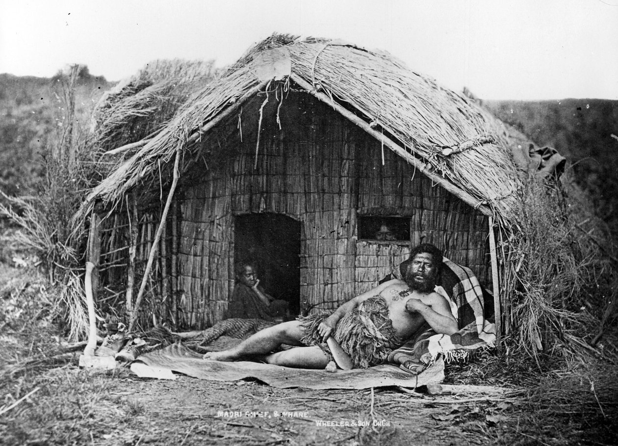 Chefe e Casa Nativa, c.1863-80 de New Zealand Photographer