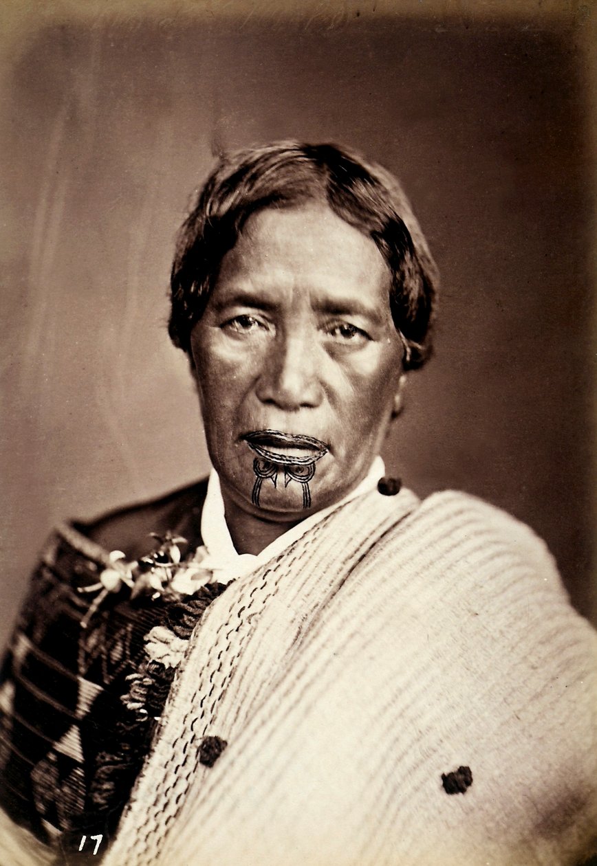 Retrato de um maori com um rosto tatuado, c.1886-88 de New Zealand Photographer
