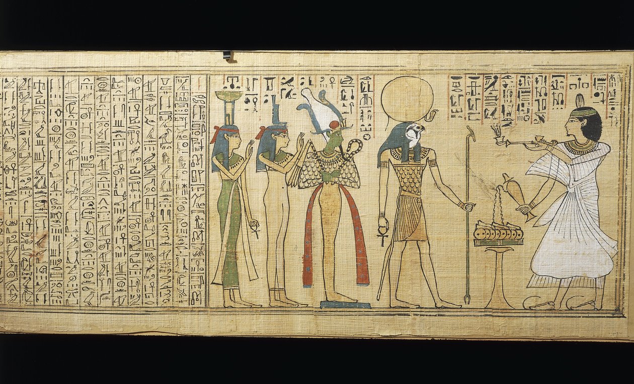 Papiro de Khonsumes, O Livro dos Mortos o falecido a fazer ofertas a Osíris, Ísis e Nephthys, Terceiro Período Intermediário de New Kingdom Egyptian