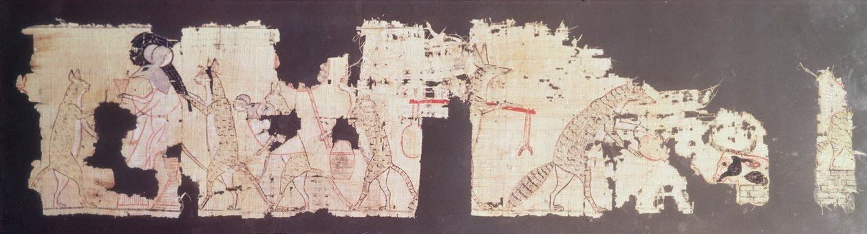 Papiro satírico representando um rato sendo servido por gatos (papiro) de New Kingdom Egyptian