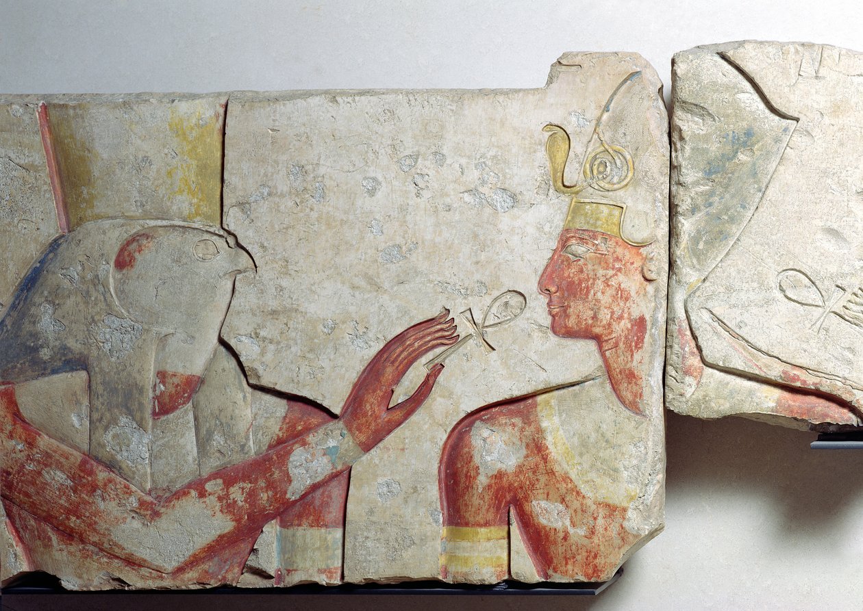 O Encontro do Faraó e Hórus, detalhe de um friso representando Ramsés II (1298-32 aC) entre os deuses, de Abidos, c.1275 aC (pedra pintada) de New Kingdom Egyptian