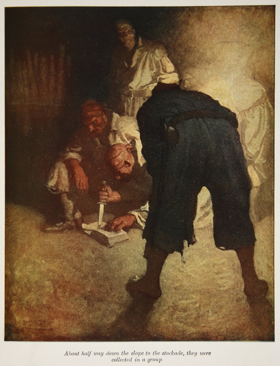 Cerca de metade do caminho até a paliçada, eles foram coletados em um grupo, uma ilustração da "Ilha do Tesouro", de Robert Louis Stevenson, pub. Filhos de Charles Scribner, 1911 de Newell Convers Wyeth