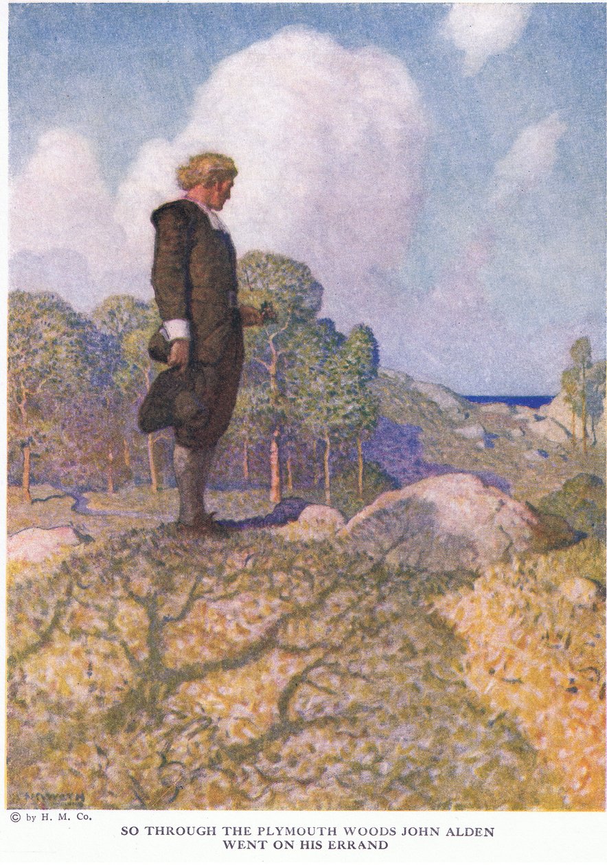 Então, através das florestas de Plymouth, John Alden foi em sua missão de Newell Convers Wyeth