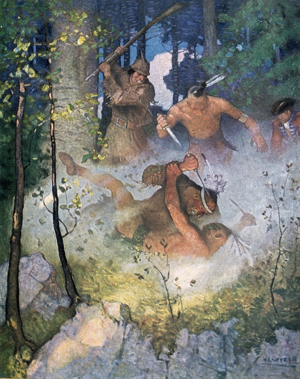 "A luta na floresta", ilustração de "O último dos moicanos", de Fenimore Cooper (1789-1851), publicada em Nova York, 1920 de Newell Convers Wyeth