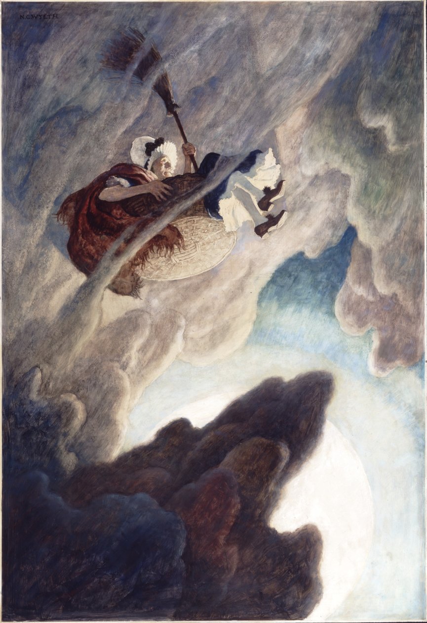 The Old Woman Tost Up em um balde, 1940 (óleo no painel do Renascimento) de Newell Convers Wyeth