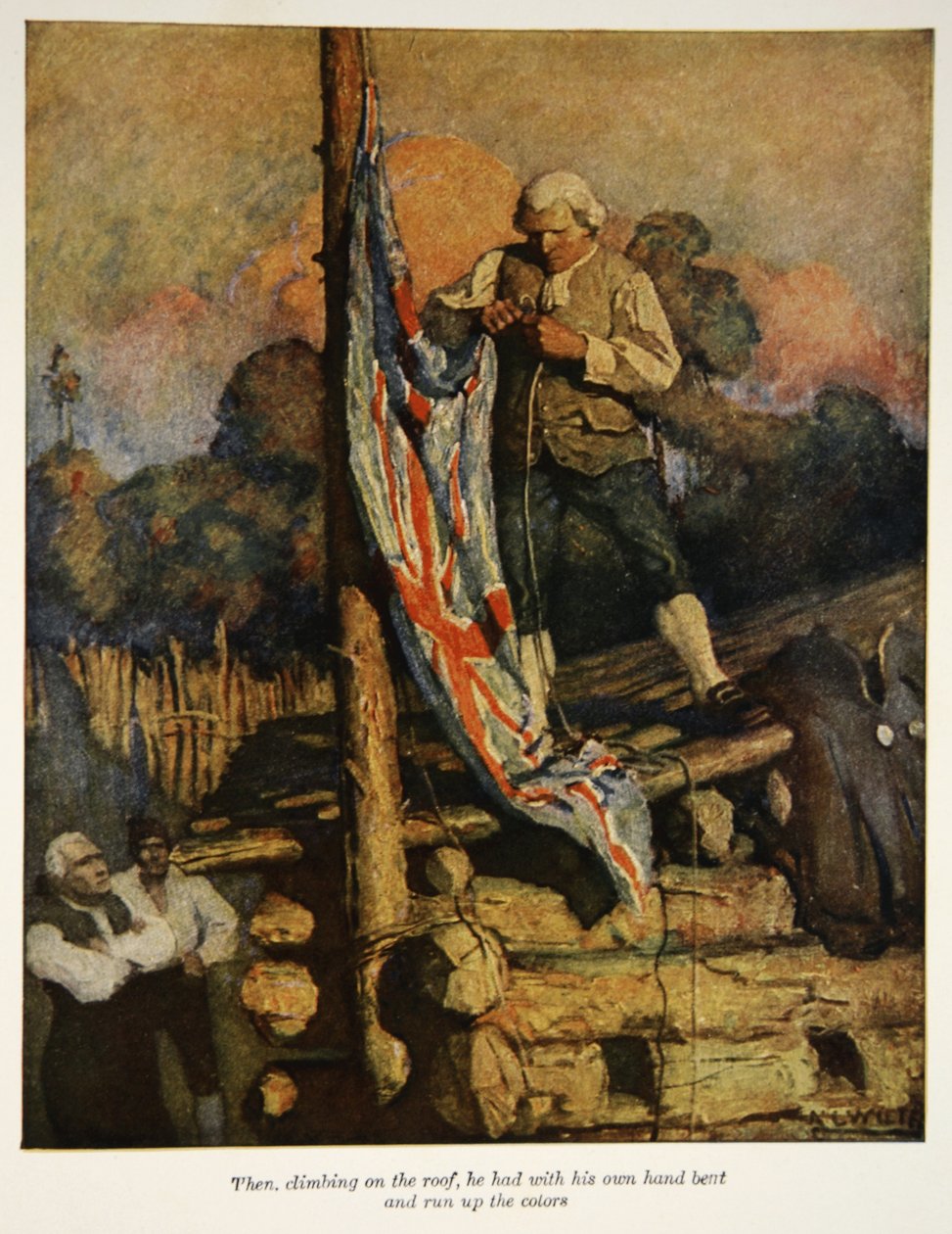 Quando, subindo no telhado, ele tinha a própria mão dobrada e corria as cores, uma ilustração de "Treasure Island", de Robert Louis Stevenson, pub. Filhos de Charles Scribner, 1911 de Newell Convers Wyeth
