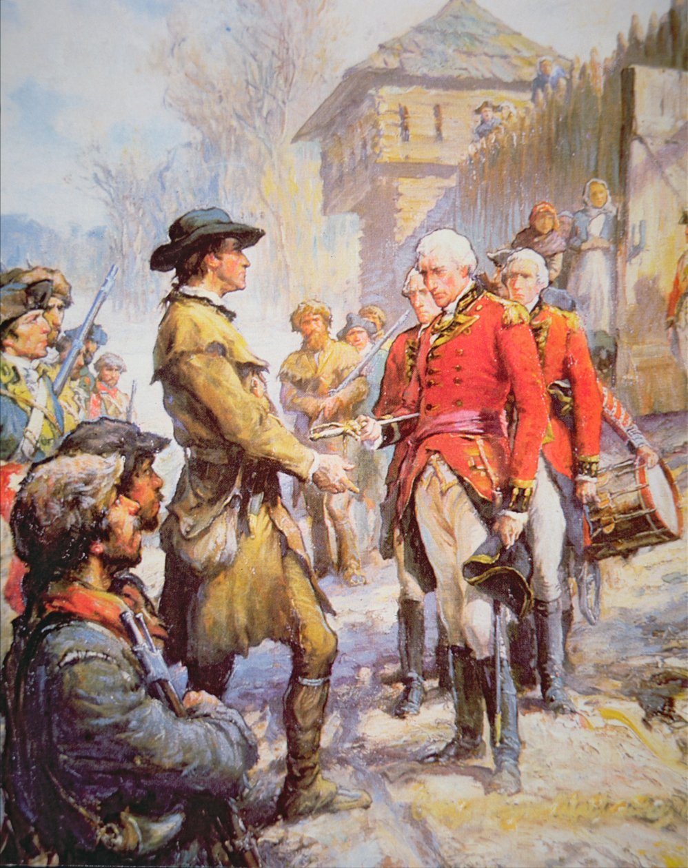 George Rogers Clark aceita a rendição do comandante britânico Henry Hamilton em Fort Sackville, 25 de Fevereiro de 1779 (cor litho) de Newell Convers (after) Wyeth