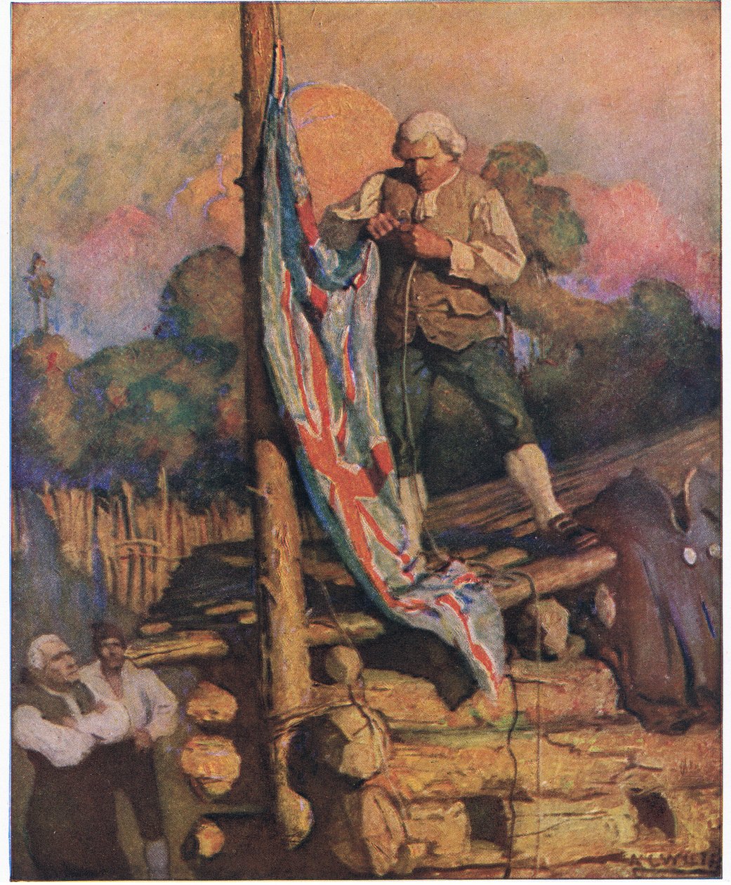 Capitão Smollett desafia os amotinados: em seguida, subindo no telhado, ele com sua própria mão correu até as cores de Newell Convers Wyeth