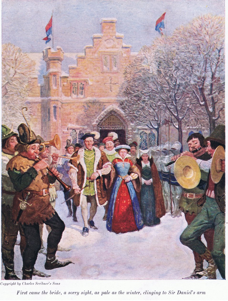 Primeiro veio a noiva, uma visão triste, tão pálida como o inverno, agarrada ao braço de Sir Daniels, 1916 de Newell Convers Wyeth