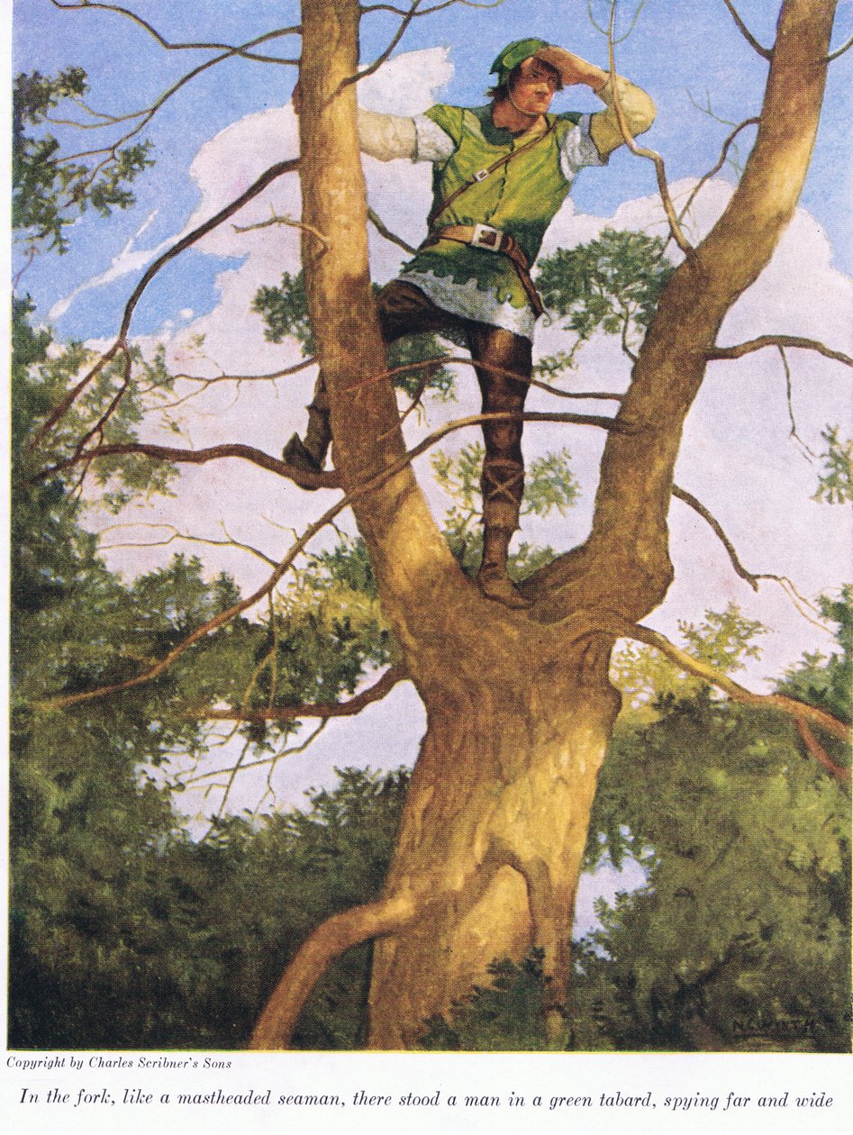 Na bifurcação, como um marinheiro de mastro, havia um homem em um tabardo verde, espiando por toda parte, 1916 de Newell Convers Wyeth