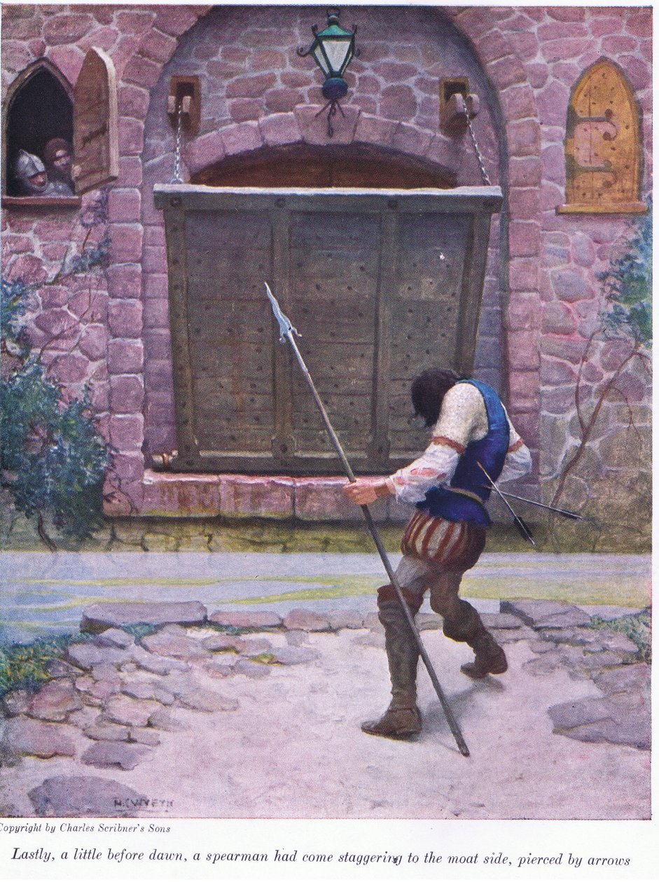 Por fim, um pouco antes do amanhecer, um lanceiro chegou cambaleando ao lado do fosso, perfurado por flechas, 1916 de Newell Convers Wyeth