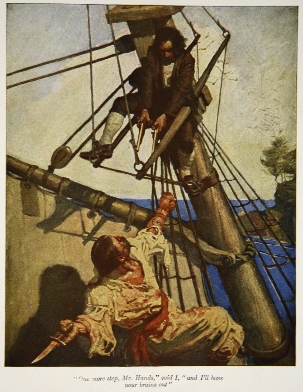 Mais um passo, Sr. Hands, disse eu, e vou explodir sua cabeça, uma ilustração de "Treasure Island", de Robert Louis Stevenson, pub. Filhos de Charles Scribner, 1911 de Newell Convers Wyeth