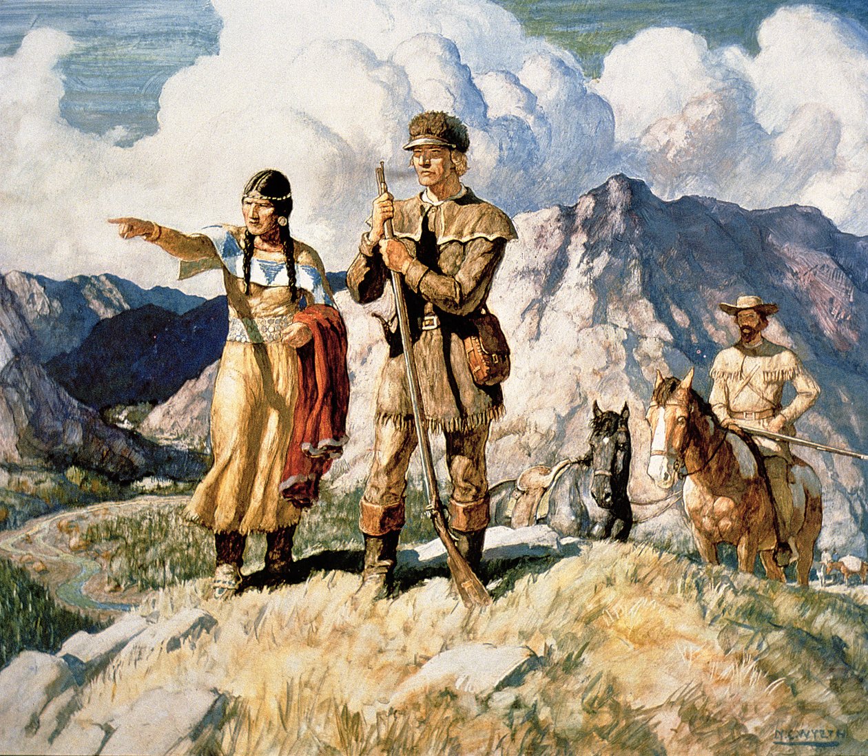 Sacagawea com Lewis e Clark durante a sua expedição de 1804-06 (cor litho) de Newell Convers Wyeth