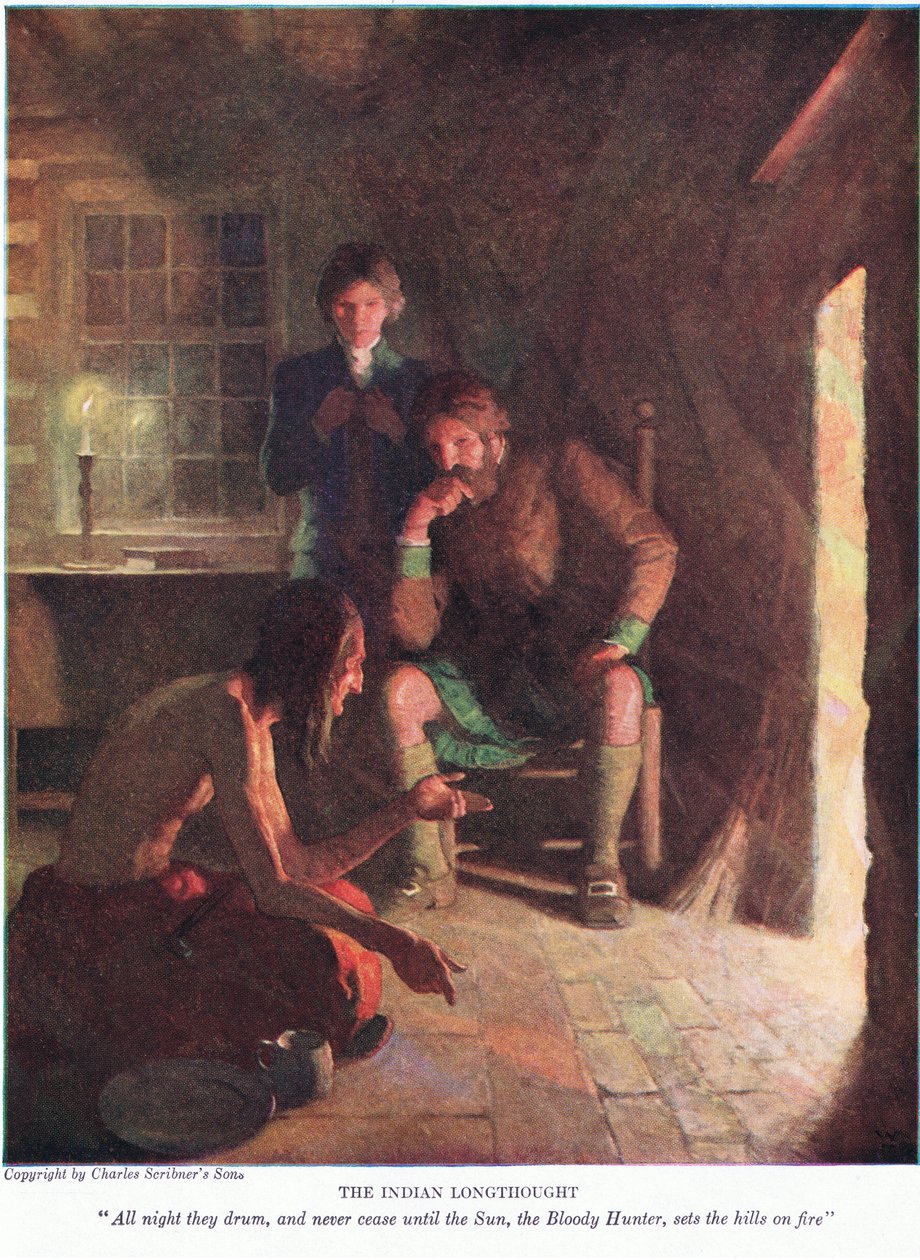 O pensamento indiano longo! Toda a noite eles tamborilam e nunca param até que o sol, o caçador sangrento, incendeia as colinas, 1928 de Newell Convers Wyeth