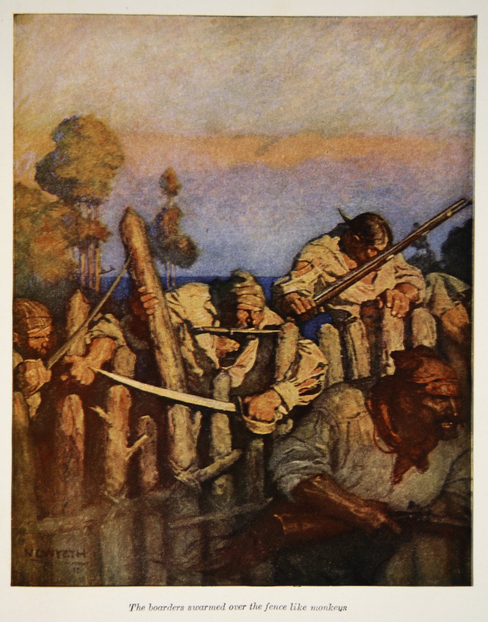 Os pensionistas enxameavam a cerca como macacos, uma ilustração da "Ilha do Tesouro", de Robert Louis Stevenson, pub. Filhos de Charles Scribner, 1911 de Newell Convers Wyeth