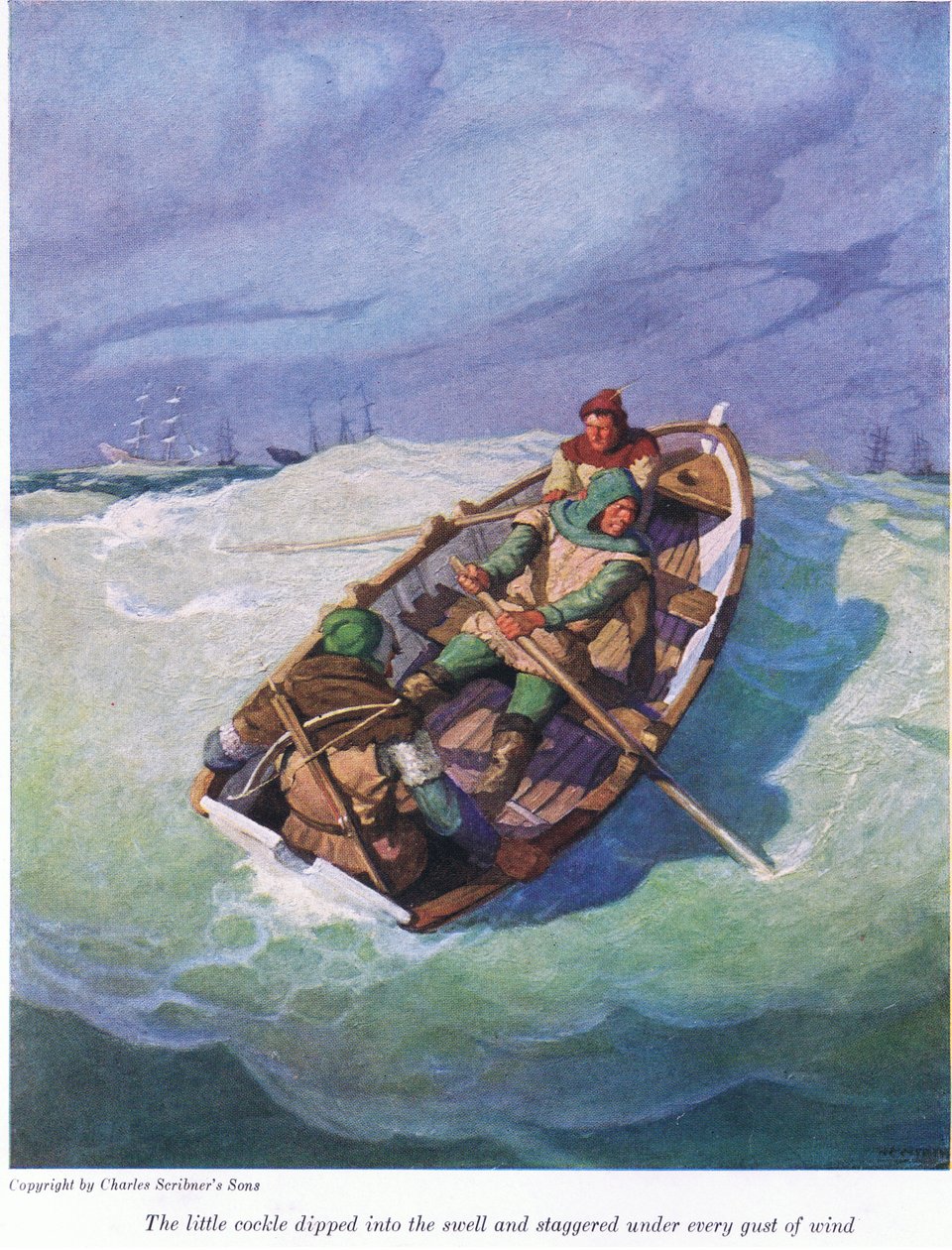O pequeno berbigão mergulhou na ondulação e cambaleou sob cada rajada de vento, 1916 de Newell Convers Wyeth