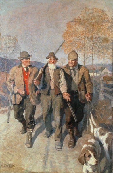 Three Hunters and Hounds (óleo sobre tela) de Newell Convers Wyeth