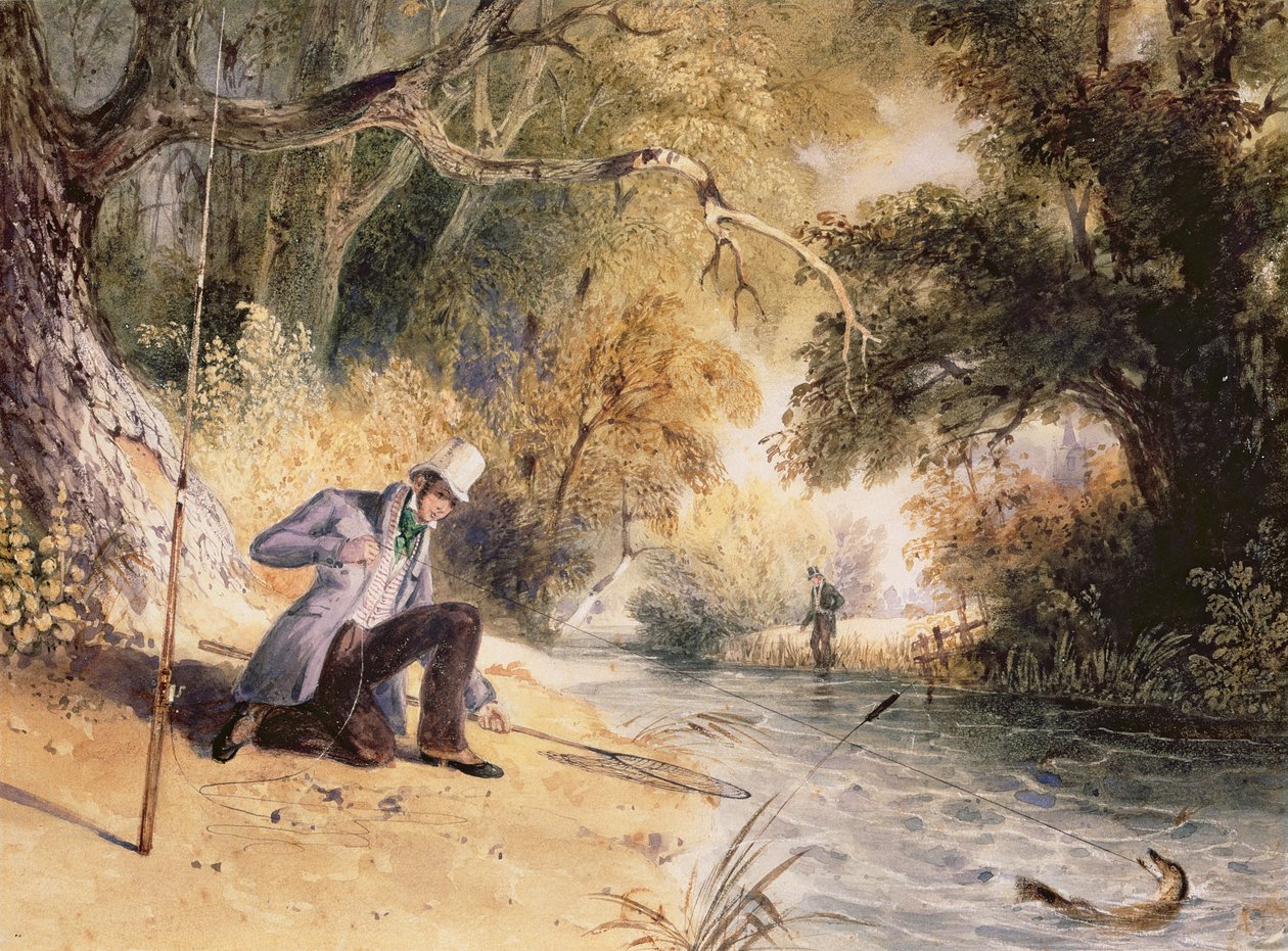 Pike Fishing, Landing a Jack, c.1839 (aguarela sobre papel) de Newton Fielding