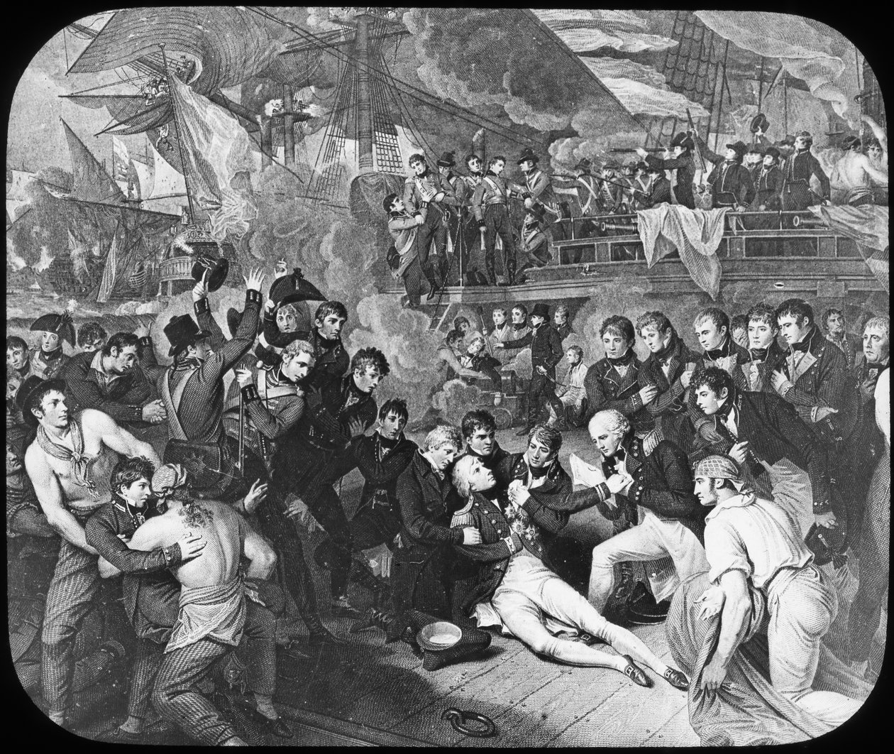 Almirante Lord Nelson ferido na Batalha de Trafalgar, 1805 de Newton and Co