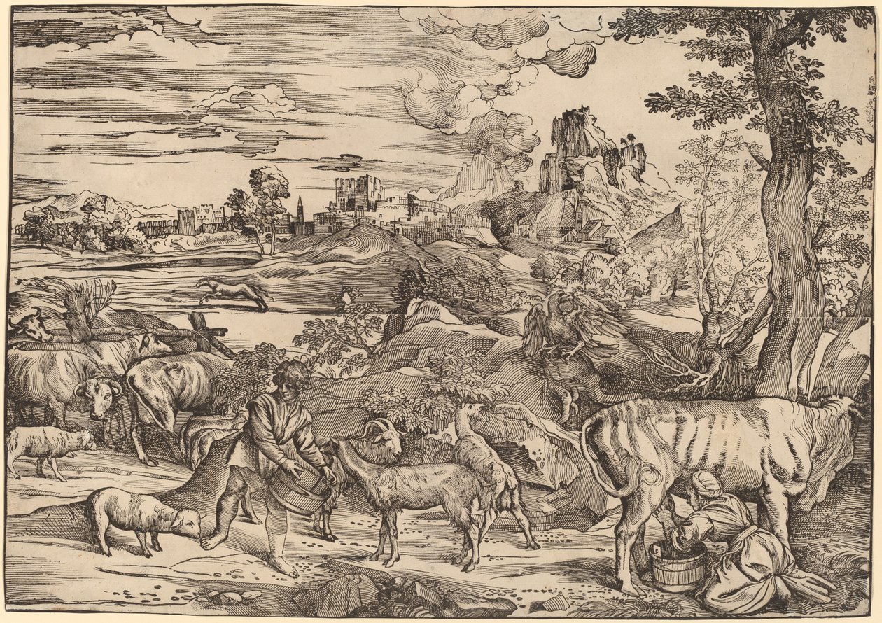 Paisagem com uma leiteira de Niccolò Boldrini after Titian