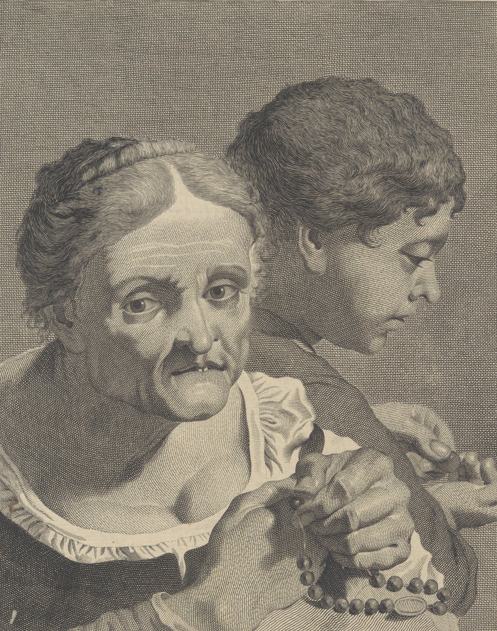 Cópia no verso de uma velha com um rosário e um menino contando moedas, prato 10 fr..., ca. 1750-90. de Niccolò Cavalli