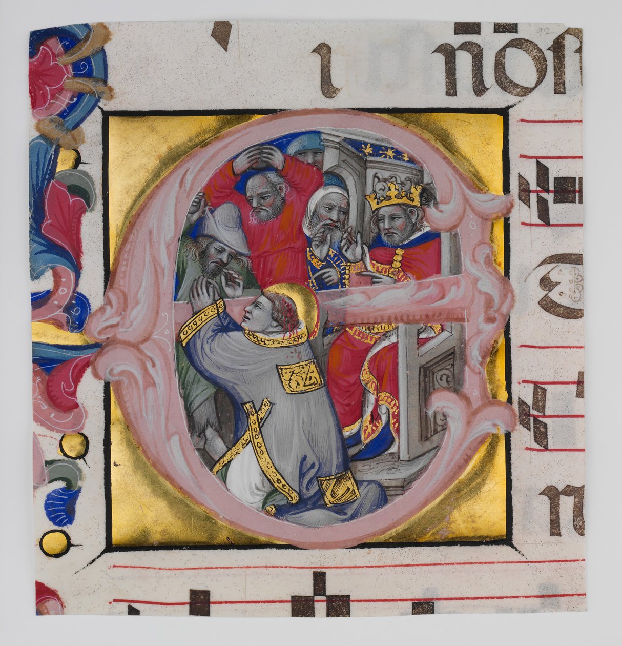 Iluminação do manuscrito com o martírio de Santo Estêvão em um E inicial, ... 1394-1402. de Niccolò di Giacomo da Bologna