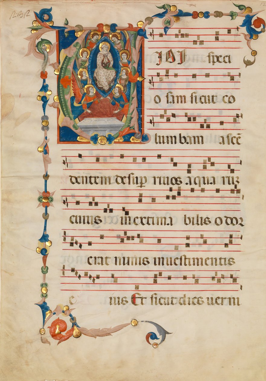 Folha Manuscrito com a Assunção da Virgem em um V inicial, de um Antifonário, ca. 1340. de Niccolò di ser Sozzo