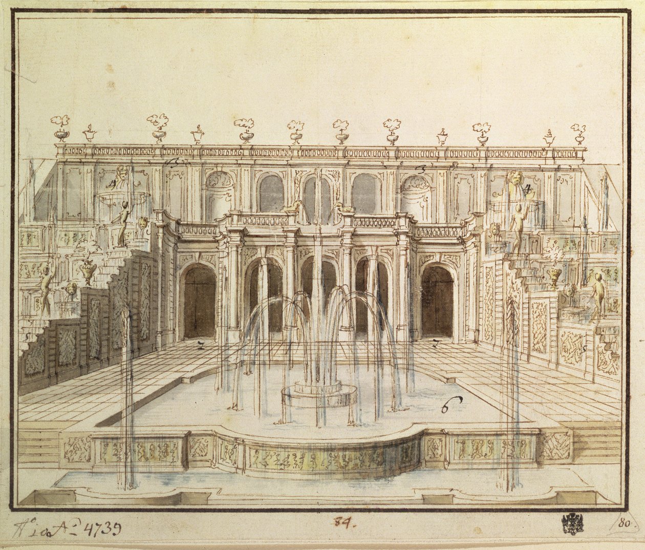 A Grande Cascata no parque inferior de Peterhof, 1720 (caneta, pincel, tinta e wc) de Niccolo Michetti