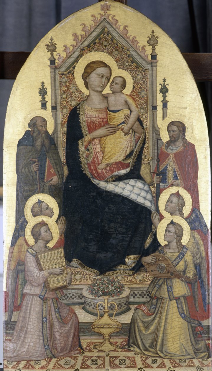 Madonna Enthroned com criança, Santos Anthony e Julian e quatro anjos (tempera em madeira de álamo) de Niccolo di Pietro workshop of Gerini
