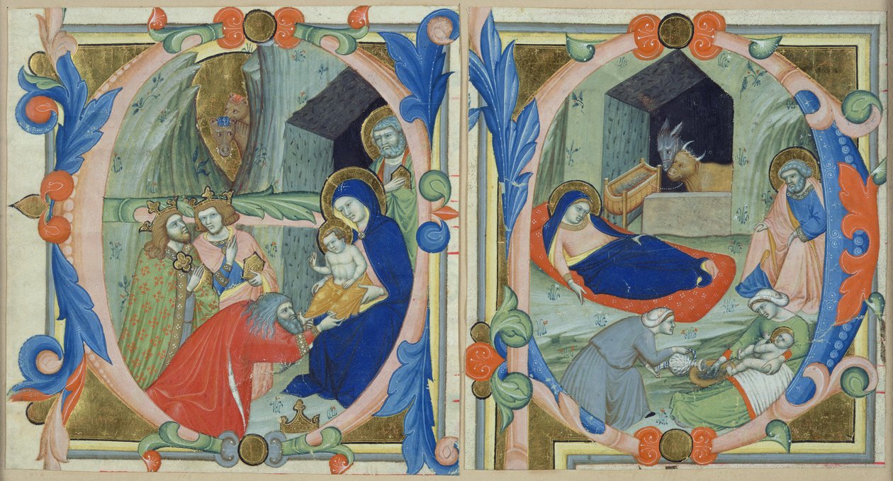 A Adoração dos Magos, no inicial &39;E&39;, e a Natividade, no inicial &39;F&39; (velino e ouro) de Niccolo di ser Sozzo Tegliacci