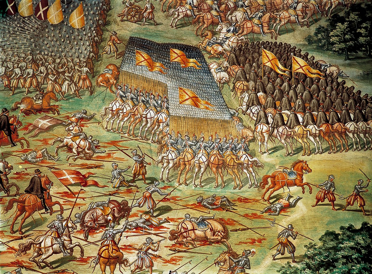 A Batalha de São Quintino, que viu a vitória dos espanhóis sobre os franceses em 1557, durante as Guerras Italianas, detalhe com ataque de cavalaria. de Niccolo (and workshop) Granello