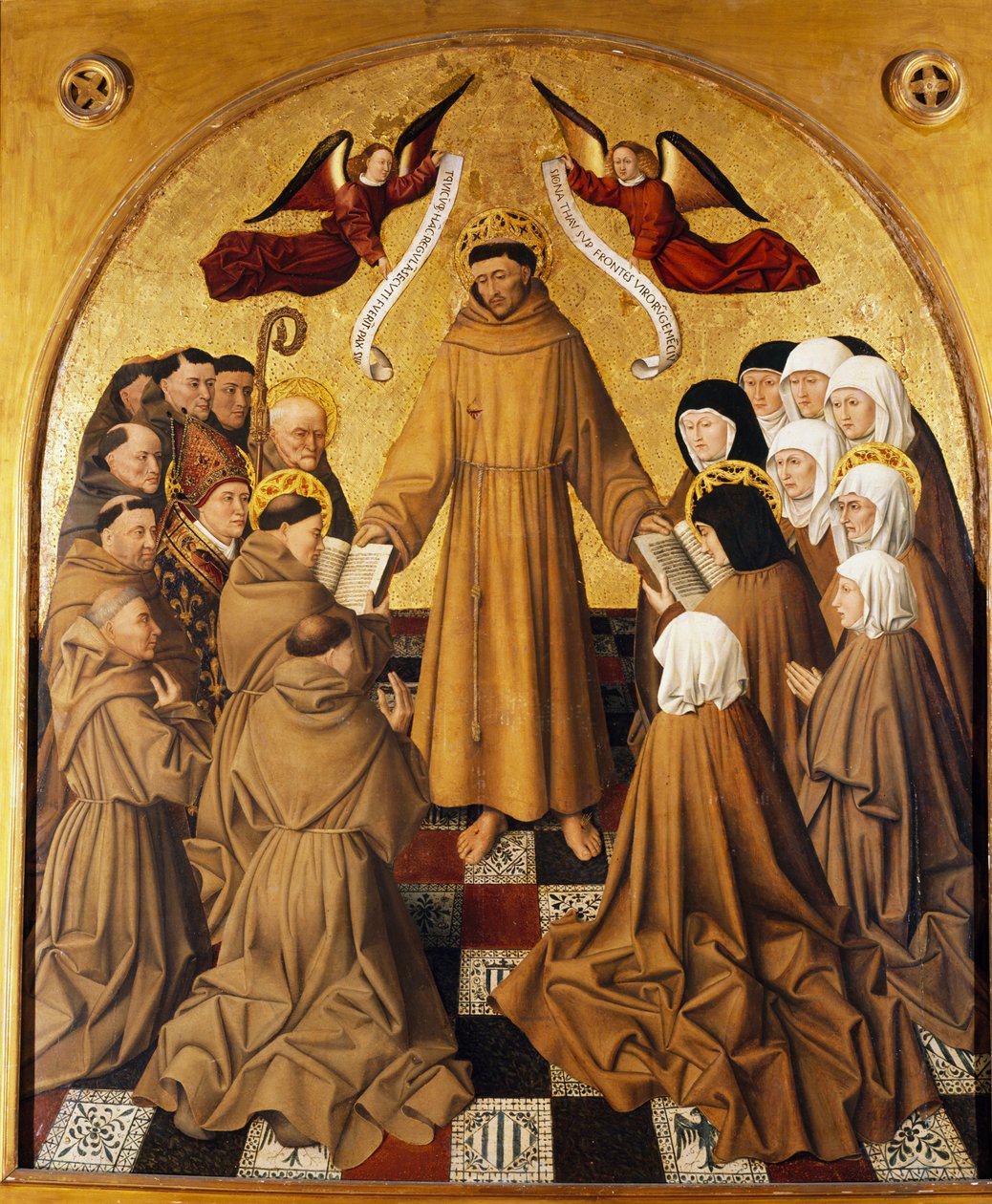 Painel do Altar, São Francisco entrega a Regra aos seus seguidores (Frades Menores e as Clarissas Pobres) de Niccolo Antonio Colantonio