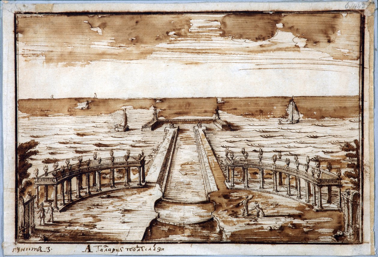 Colonnade "Galeria de Curvas" em Gateway, em Peterhof. Projeto - Nicola Michetti (1675-1759). Caneta, tinta indígena marrom sobre papel. de Niccolo Michetti