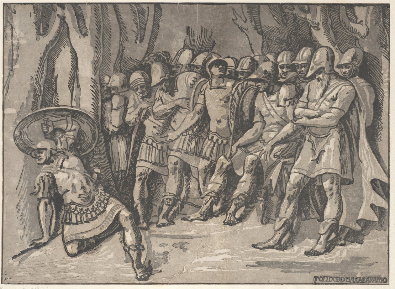 Ajax inferior esquerdo segurando um escudo no alto, à direita está Agamenon cercado por seu..., 1540-50. de Niccolo Vicentino