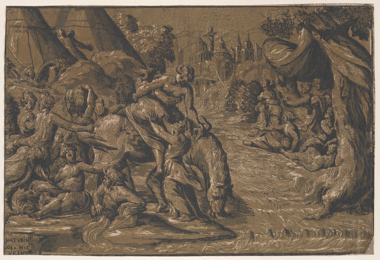 Cloelia, a heroína romana no centro sendo ajudada a montar um cavalo, Roma ao fundo,..., 1540-50 de Niccolo Vicentino