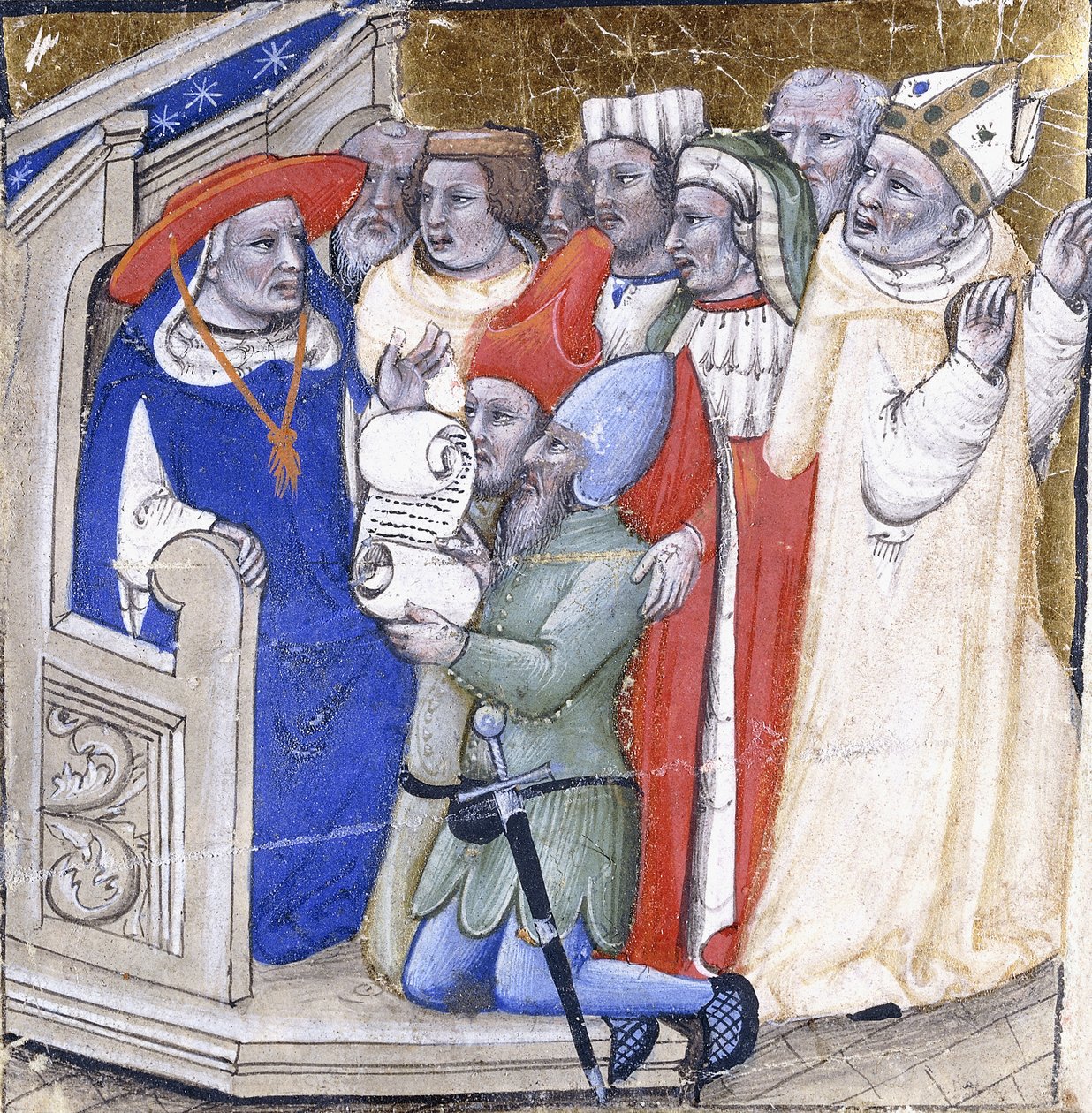 Um Cardeal sentado no julgamento de um Bispo, acusado por dois leigos, c.1380 (tinta e folha de ouro sobre velino) de Niccolo di Giacomo