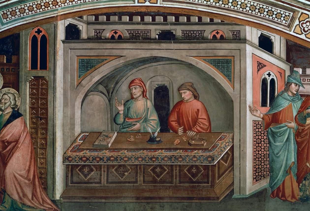 Dois banqueiros, detalhe da Vida de São Mateus de Niccolo di Pietro Gerini