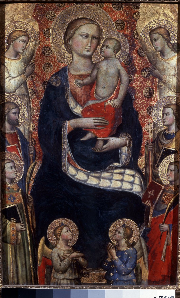 A Virgem com Criança, Santos e Anjos. A Virgem com Criança, Santos e Anjos. Pintura de Niccolo di Pietro Gerini (ca. 1350-1415). Arte florentina, Idade Média. Tempera sobre madeira. Museu Hermitage, São Petersburgo de Niccolo di Pietro Gerini