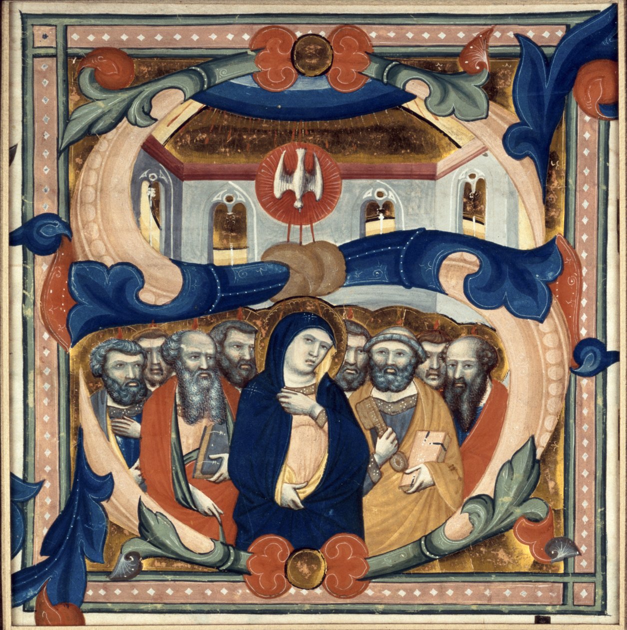 Historiated inicial &39;S&39; representando a descida do Espírito Santo, meados do século 14 de Niccolo di ser Sozzo Tegliacci