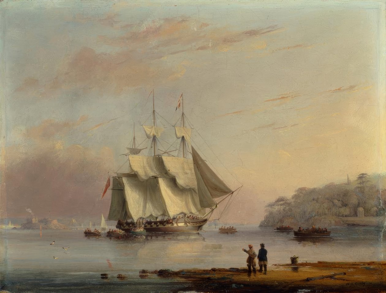 Uma fragata britânica ao largo da costa no Monte Edgecumbe, Plymout de Nicholas Condy