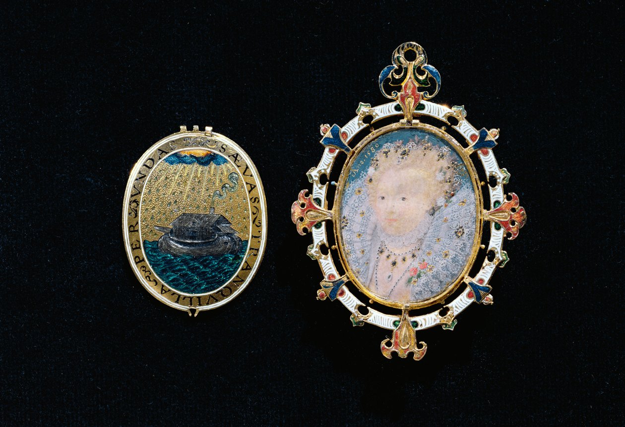 A Jóia Heneage ou Armada Jewel, miniatura da Rainha Elizabeth I incluída em um estojo de jóias, c.1595 (ouro esmaltado, diamantes lapidados em mesa, rubis birmaneses, cristal de rocha e uma miniatura) de Nicholas Hilliard