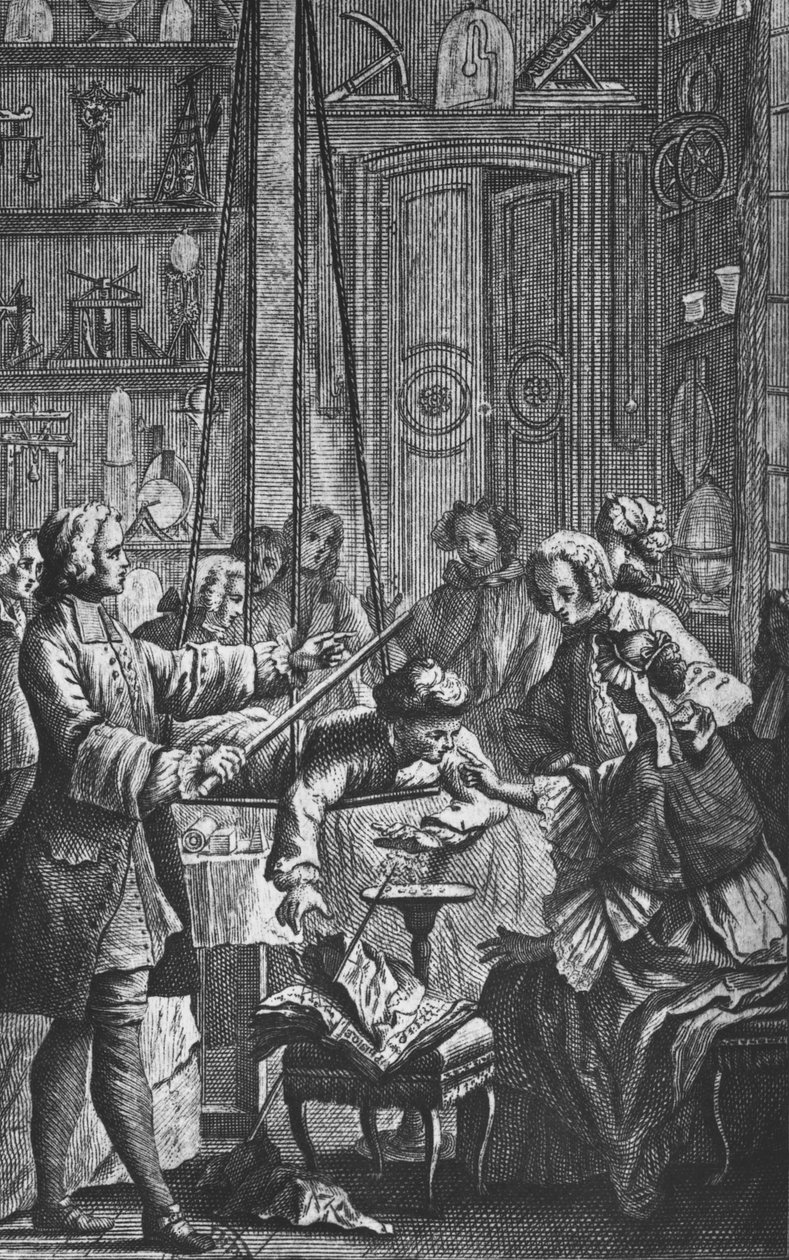 Experimento elétrico feito em um homem por Abbe Jean Antoine Nollet (1700-70) em um gabinete físico, ilustração do frontispício de &39;Essai sur l&39;electricité des corps&39; por Nollet, publicado em 1746, gravado de Nicholas Lesueur