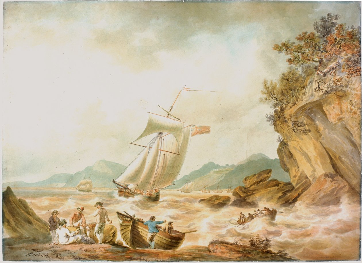 Cena da costa com frete (lápis e aquarela a bordo) de Nicholas Pocock