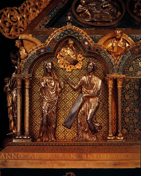 A Anunciação, 1205 (prata dourada, cobre dourado, esmalte e filigrana sobre madeira) de Nicholas of Verdun