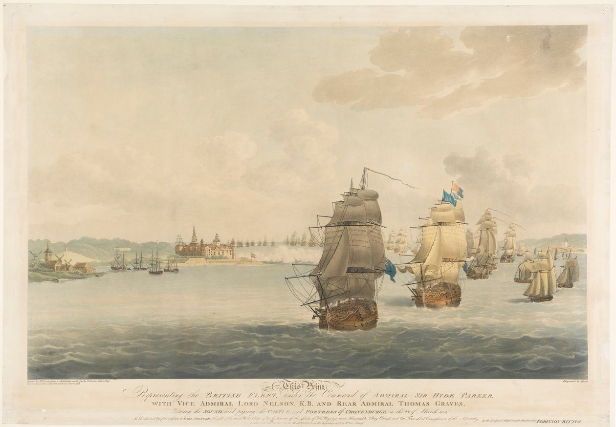 Depois de Pocock, esta gravura representa a frota britânica sob o comando do almirante Sir Hyde Parker, com o vice-almirante Lord Nelson, K.B. e o contra-almirante Thomas Graves de Nicholas (after) Pocock
