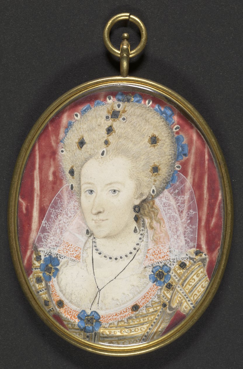 Anne da Dinamarca, c.1600 (guache em pergaminho colocado no cartão) de Nicholas (studio of) Hilliard