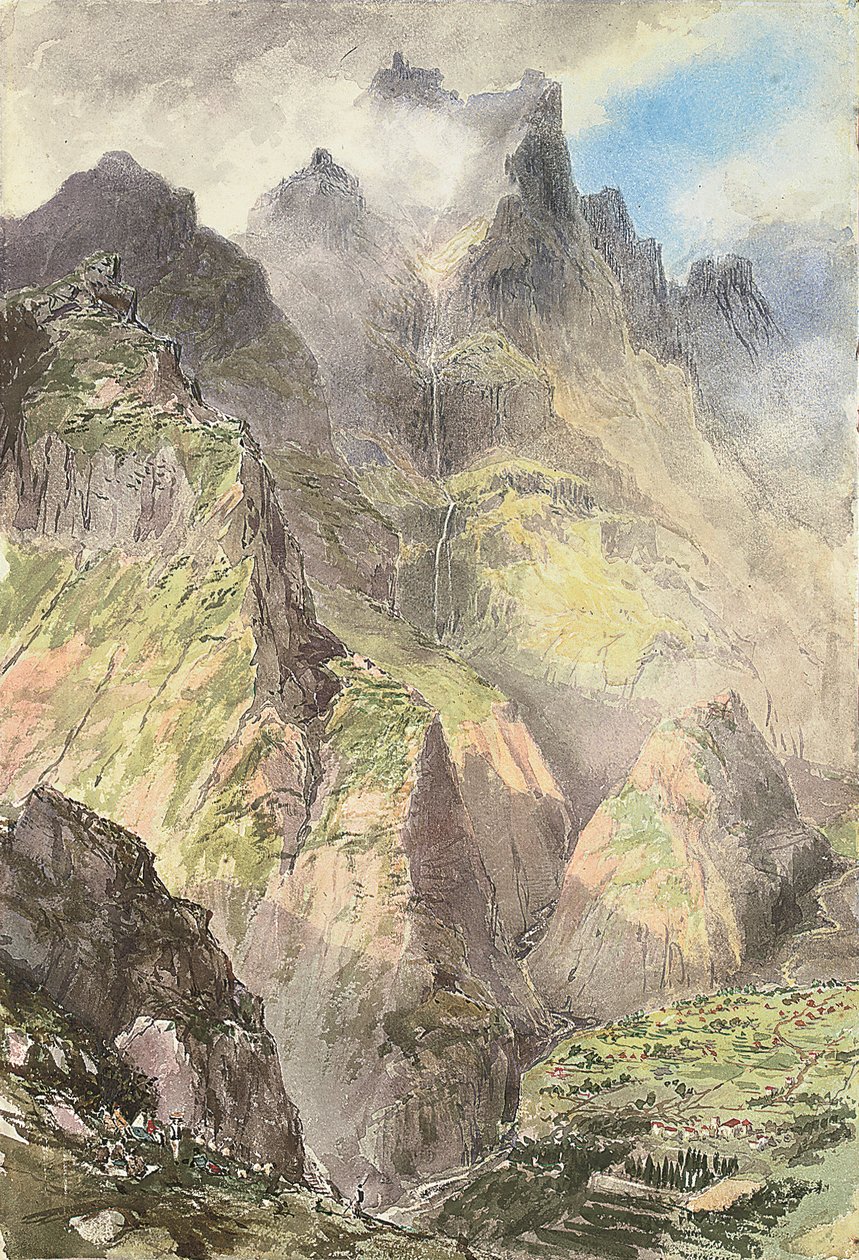 O Grande Curral, Madeira, com um grupo de turistas em primeiro plano, o Pico Grande mais além (aguarela sobre papel) de Nicholas Chevalier